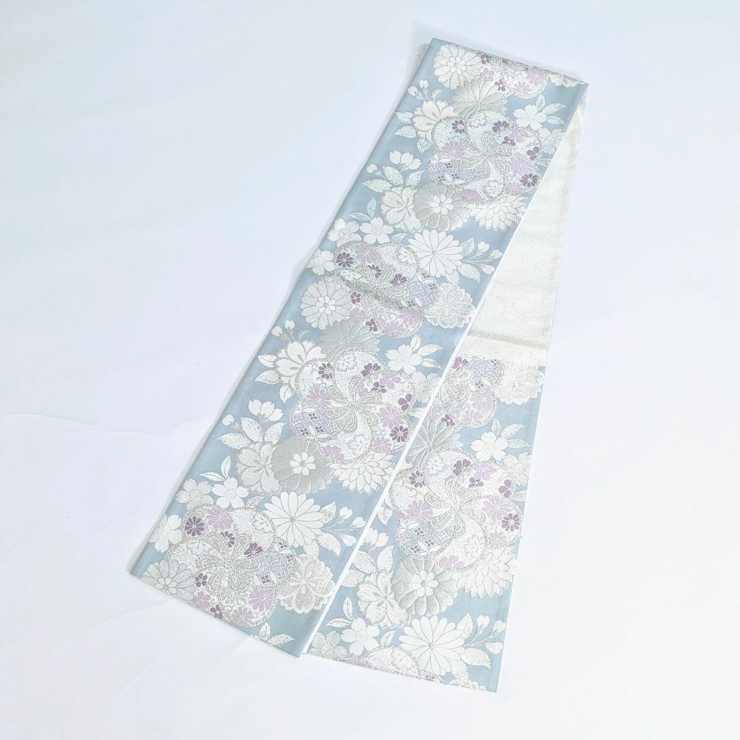 【新品・仕立て上がり】正絹 袋帯 フォーマル 水色 ライトブルー 梅 ub274 レディースの水着/浴衣(帯)の商品写真