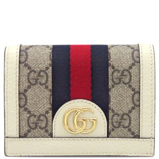 グッチ(Gucci)のグッチ GUCCI 二つ折り財布 オフディア コンパクト GGスプリームキャンバス ベージュ×ホワイト ゴールド金具 白 ウェブ ストライプ  523155 【箱】【中古】(財布)