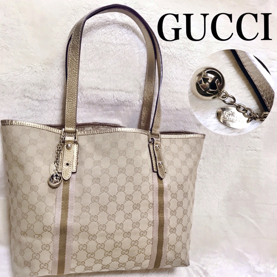 Gucci(グッチ)のGUCCI グッチ シェリーライン トートバッグ ピンク ゴールド A4 GG柄 レディースのバッグ(トートバッグ)の商品写真