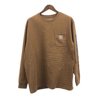 カーハート(carhartt)のCarhartt カーハート 袖プリント ポケットＴシャツ ワンポイントロゴ ブラウン (メンズ XL) 中古 古着 Q2260(Tシャツ/カットソー(七分/長袖))