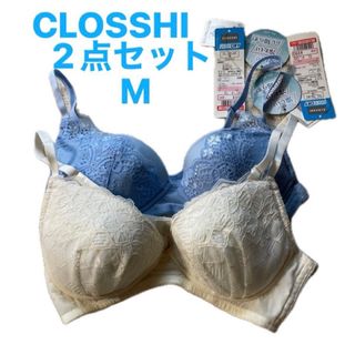 シマムラ(しまむら)のしまむらCLOSSHI レースブラジャー　2点セット　ホワイト　ブルーMサイズ (ブラ)