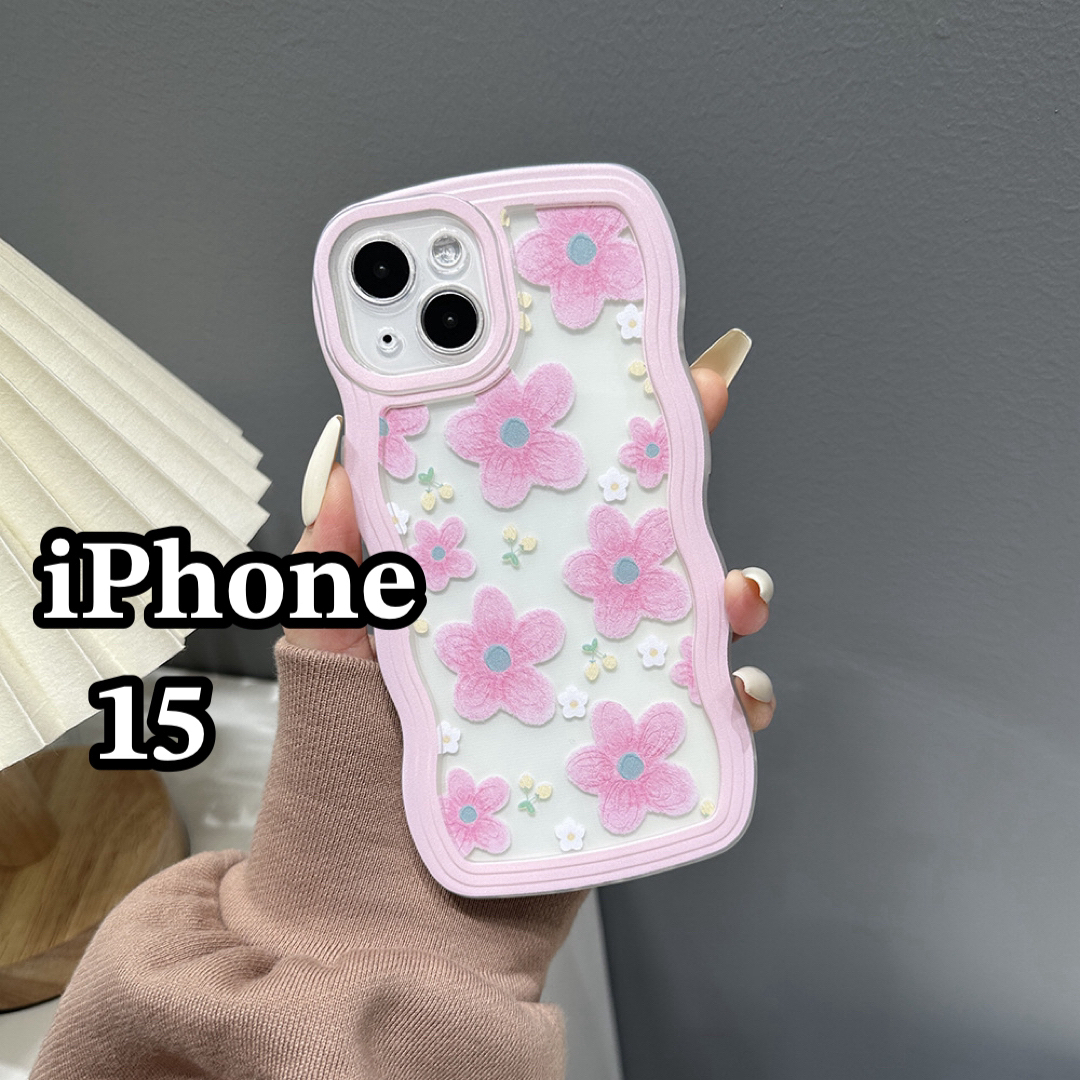 iPhone15ケース　花柄　ピンク　耐衝撃　うねうね　可愛い　韓国　大人気 スマホ/家電/カメラのスマホアクセサリー(iPhoneケース)の商品写真