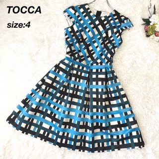 トッカ(TOCCA)の【美品✨】TOCCA トッカ チェックワンピース Aライン ブルー 4(ひざ丈ワンピース)