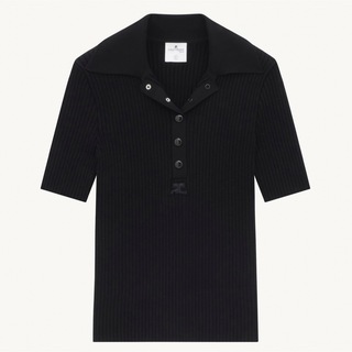 Courreges - courreges クレージュ ロゴ リブニットポロ 半袖 Tシャツ ブラック