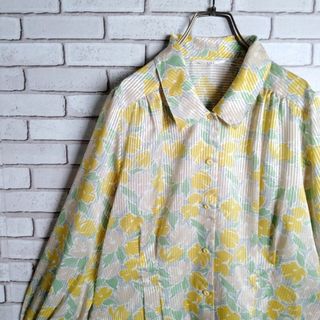 ヴィンテージ(VINTAGE)の柄シャツ☆ブラウス　ポリシャツ　長袖　日本製　ボタニカル　花　総柄　黄　緑(シャツ/ブラウス(長袖/七分))