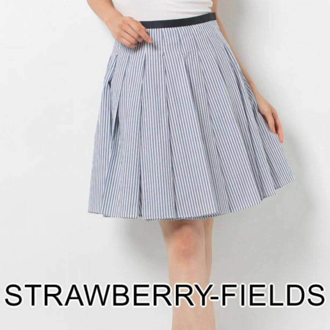 STRAWBERRY-FIELDS(ストロベリーフィールズ)の新品 ストロベリーフィールズ ストライプ プリーツ フレアスカート 綿100% レディースのスカート(ひざ丈スカート)の商品写真