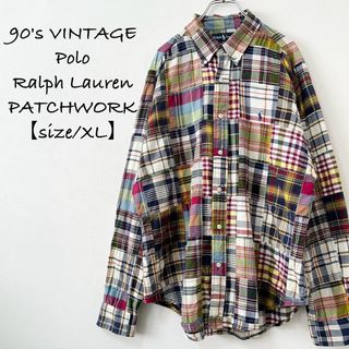 POLO RALPH LAUREN - 美品★90s★ポロ ラルフローレン★長袖BDシャツ★チェック★パッチワーク★XL