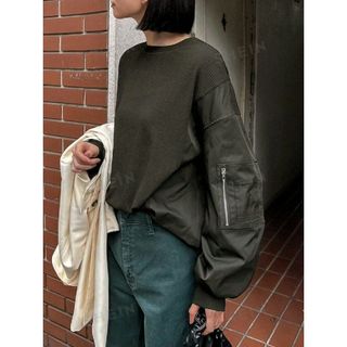 シーイン(SHEIN)のSHEIN 異素材切り替えカットソー オリーブグリーン(カットソー(長袖/七分))