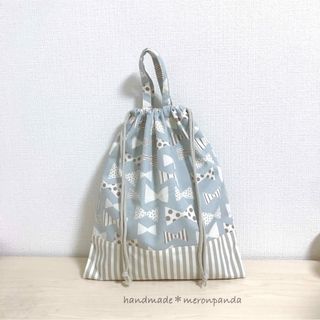 リボンくすみブルー 体操着袋(外出用品)