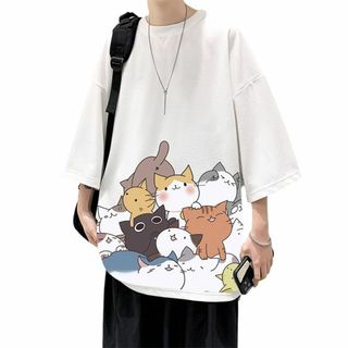 [Anzn] 夏服 Tシャツ メンズ 半袖 トップス 無地 ゆったり 猫ロゴ お(その他)