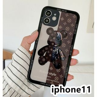 iphone11ケース　熊　ガラス 耐衝撃ブラウン131