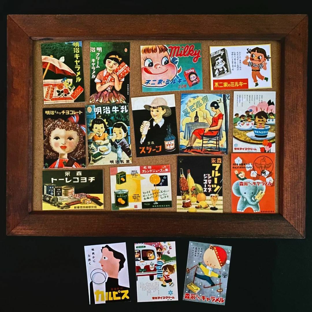 大正時代～1960年代 菓子・飲料広告 ミニチュア フレークシール16点セット ハンドメイドのインテリア/家具(アート/写真)の商品写真