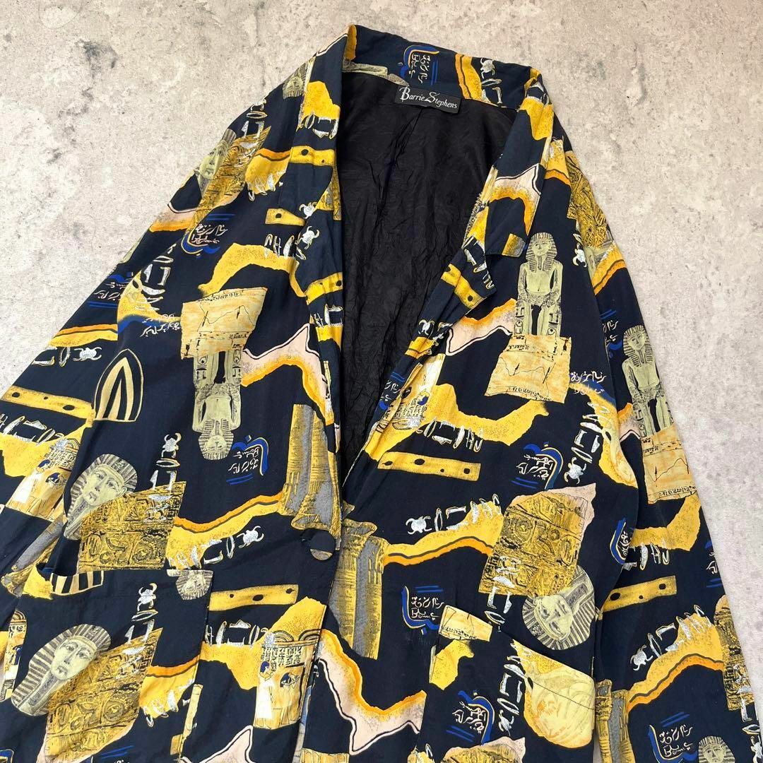 【古代エジプト柄】USA製 ビンテージ 総柄 レーヨン シャツジャケット 黒黄 メンズのジャケット/アウター(テーラードジャケット)の商品写真
