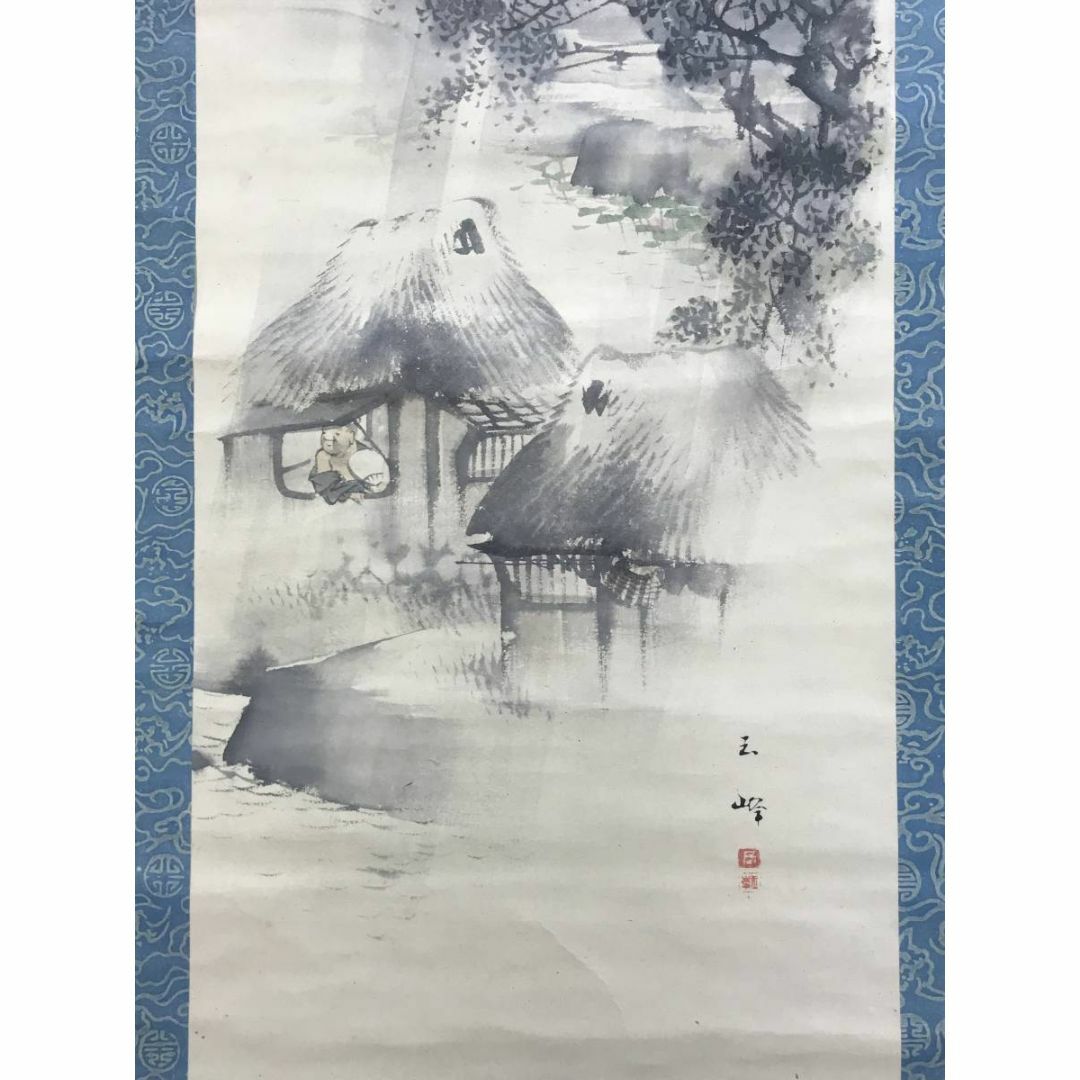真作/長谷川玉峰/時雨田家図/山水図/5月掛け/掛軸☆宝船☆AE-420 真作/長谷川玉峰/時雨田家図/山水図/5月掛け/掛軸☆宝船☆AE-420