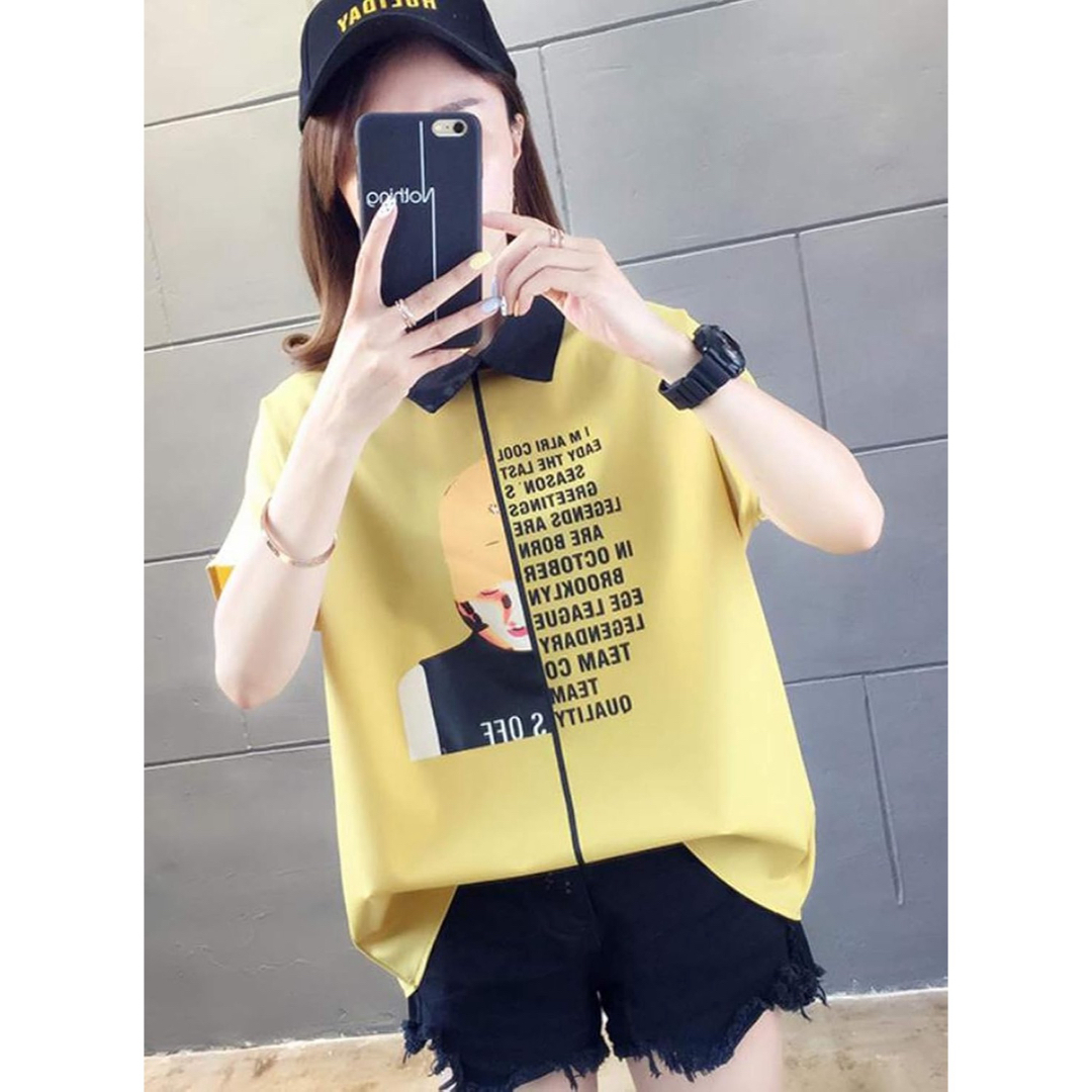 レディース 半袖 Ｔシャツ ゆったり 韓国 トップス 折り襟 プリント XXL レディースのトップス(シャツ/ブラウス(半袖/袖なし))の商品写真