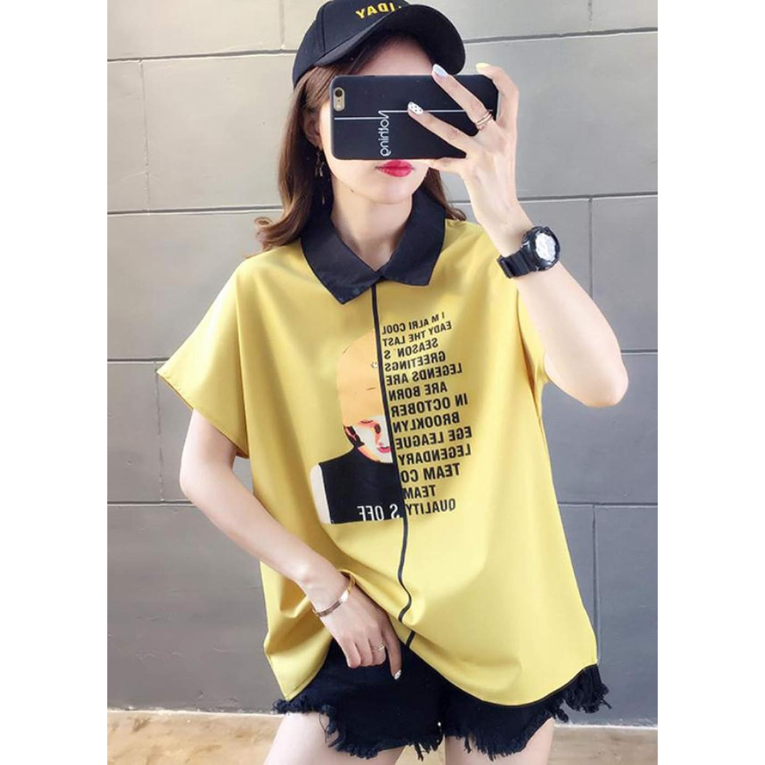 レディース 半袖 Ｔシャツ ゆったり 韓国 トップス 折り襟 プリント XXL レディースのトップス(シャツ/ブラウス(半袖/袖なし))の商品写真