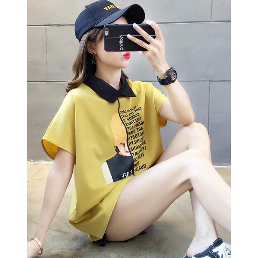 レディース 半袖 Ｔシャツ ゆったり 韓国 トップス 折り襟 プリント XXL レディースのトップス(シャツ/ブラウス(半袖/袖なし))の商品写真