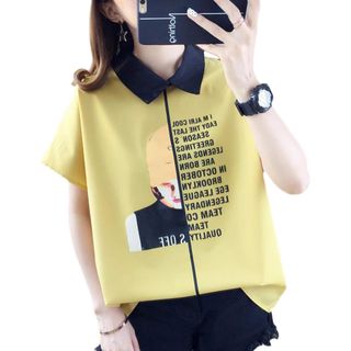 レディース 半袖 Ｔシャツ ゆったり 韓国 トップス 折り襟 プリント XXL(シャツ/ブラウス(半袖/袖なし))