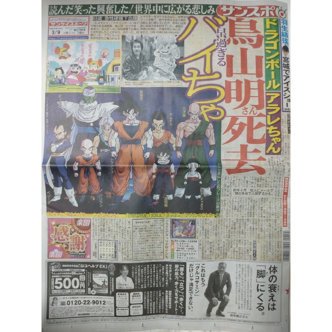 新品未使用　鳥山明氏　死去　スポーツ新聞2部セット エンタメ/ホビーの雑誌(その他)の商品写真