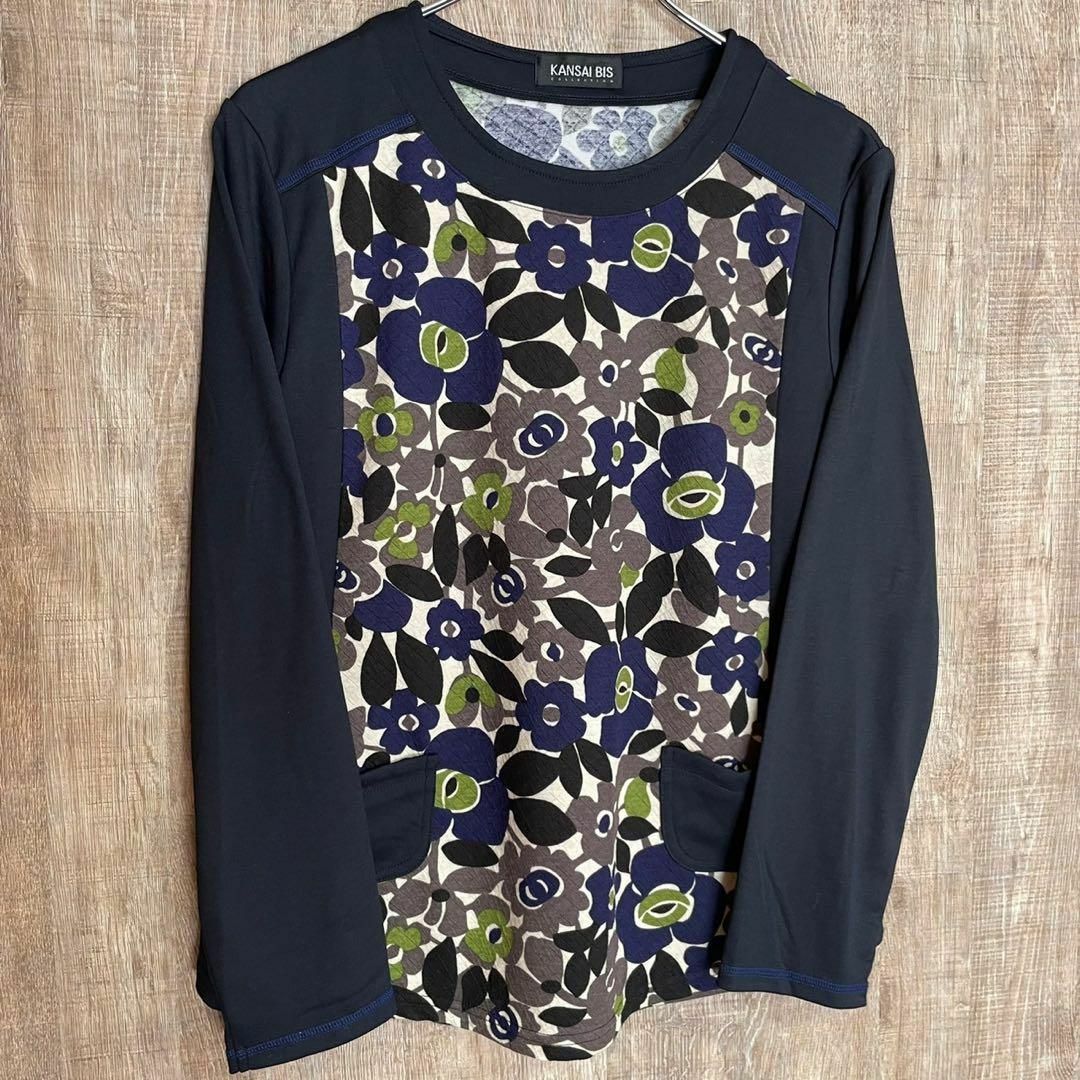 KANSAI BIS カンサイビス　カットソー　ブラック×ネイビー系花柄　11 レディースのトップス(Tシャツ(長袖/七分))の商品写真