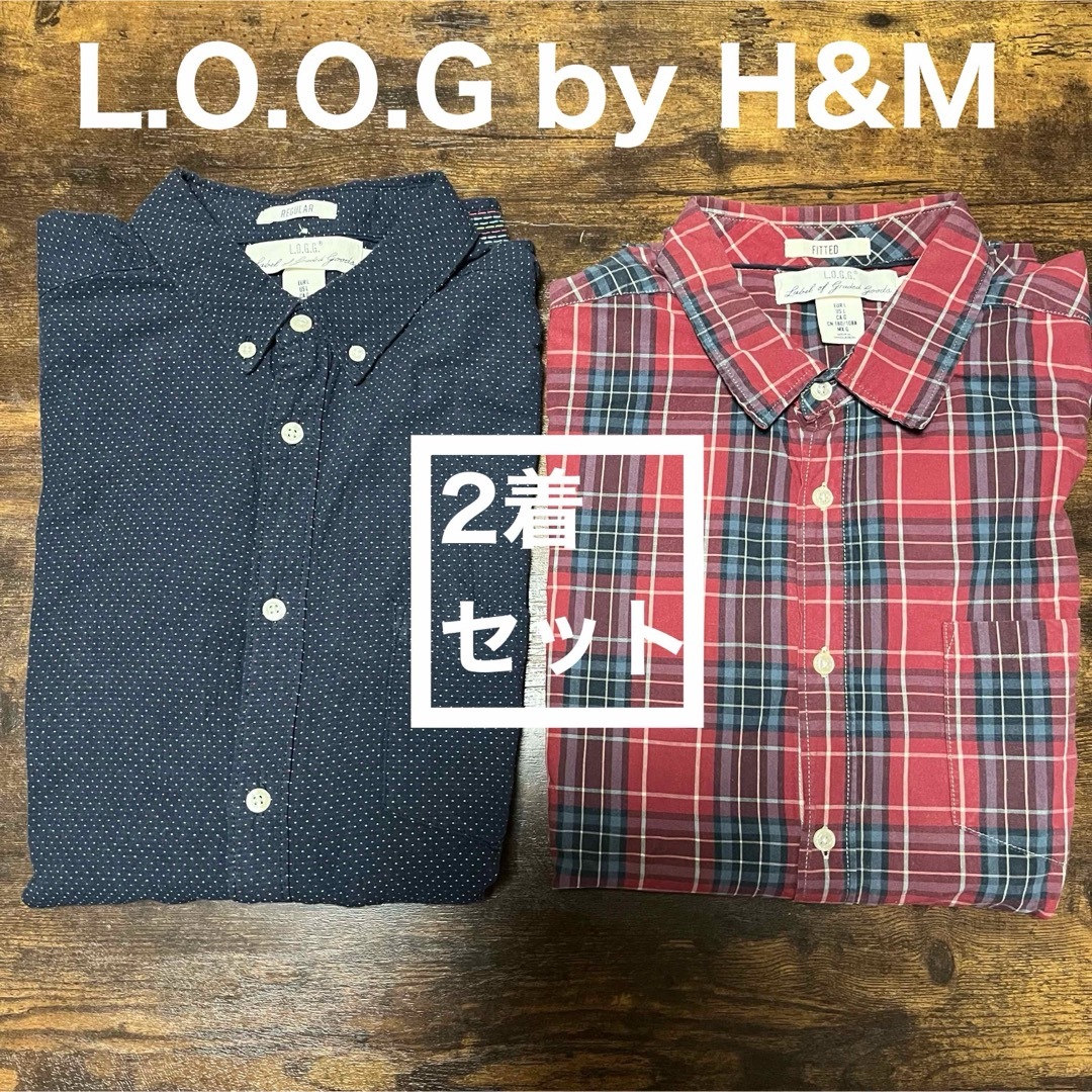 H&M(エイチアンドエム)の2着セット　H&M シャツ　メンズ　Lサイズ　ネイビー　レッド　紺　赤　チェック メンズのトップス(シャツ)の商品写真