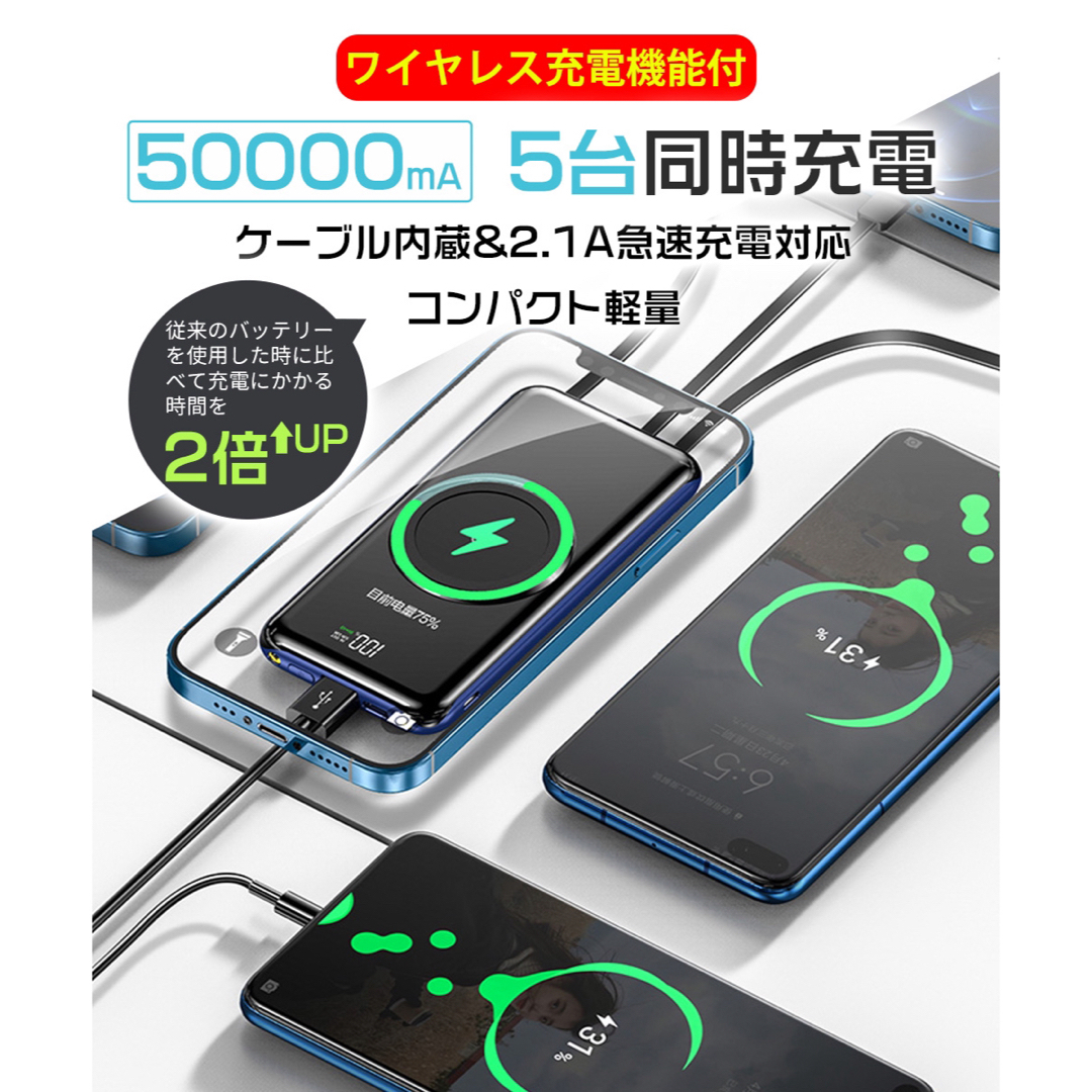 モバイルバッテリー ワイヤレス充電器  50000mAh大容量急速充電 ブラック スマホ/家電/カメラのスマートフォン/携帯電話(バッテリー/充電器)の商品写真