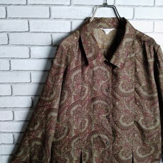 ヴィンテージ(VINTAGE)の柄シャツ☆ブラウス　ポリシャツ　長袖　日本製　ボタニカル　花　総柄　茶　赤　緑(シャツ/ブラウス(長袖/七分))