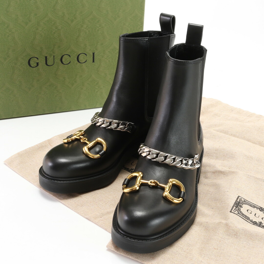 Gucci(グッチ)の未使用 グッチ ホースビット チェーン チェルシー ブーツ サイドゴア レザー ブラック 黒 35 1/2 靴 シューズ レディース EEM U27-9 レディースの靴/シューズ(ブーツ)の商品写真