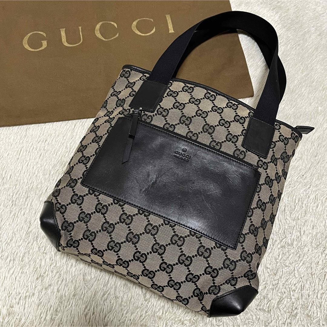 Gucci(グッチ)の736✨美品✨グッチ トートバッグ 肩掛け GGキャンバス×レザー ベージュ 黒 レディースのバッグ(トートバッグ)の商品写真