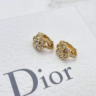 クリスチャンディオール(Christian Dior)の✨極美品✨Dior フラワー ラインストーン イヤリング ヴィンテージ ゴールド(イヤリング)