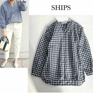 SHIPS - 美品♡シップス＊スキッパーチェックシャツ　ギンガム　ブルー　ブラウス