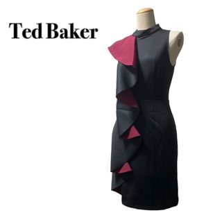 テッドベイカー(TED BAKER)のテッドベイカーノースリーブ ワンピース ドレス 黒 フリルワインレッド 1  S(ひざ丈ワンピース)