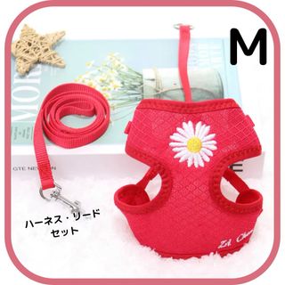 マーガレット刺繍ハーネスリードセット　レッド　Mサイズ　ペット用　犬用　猫用(リード/首輪)