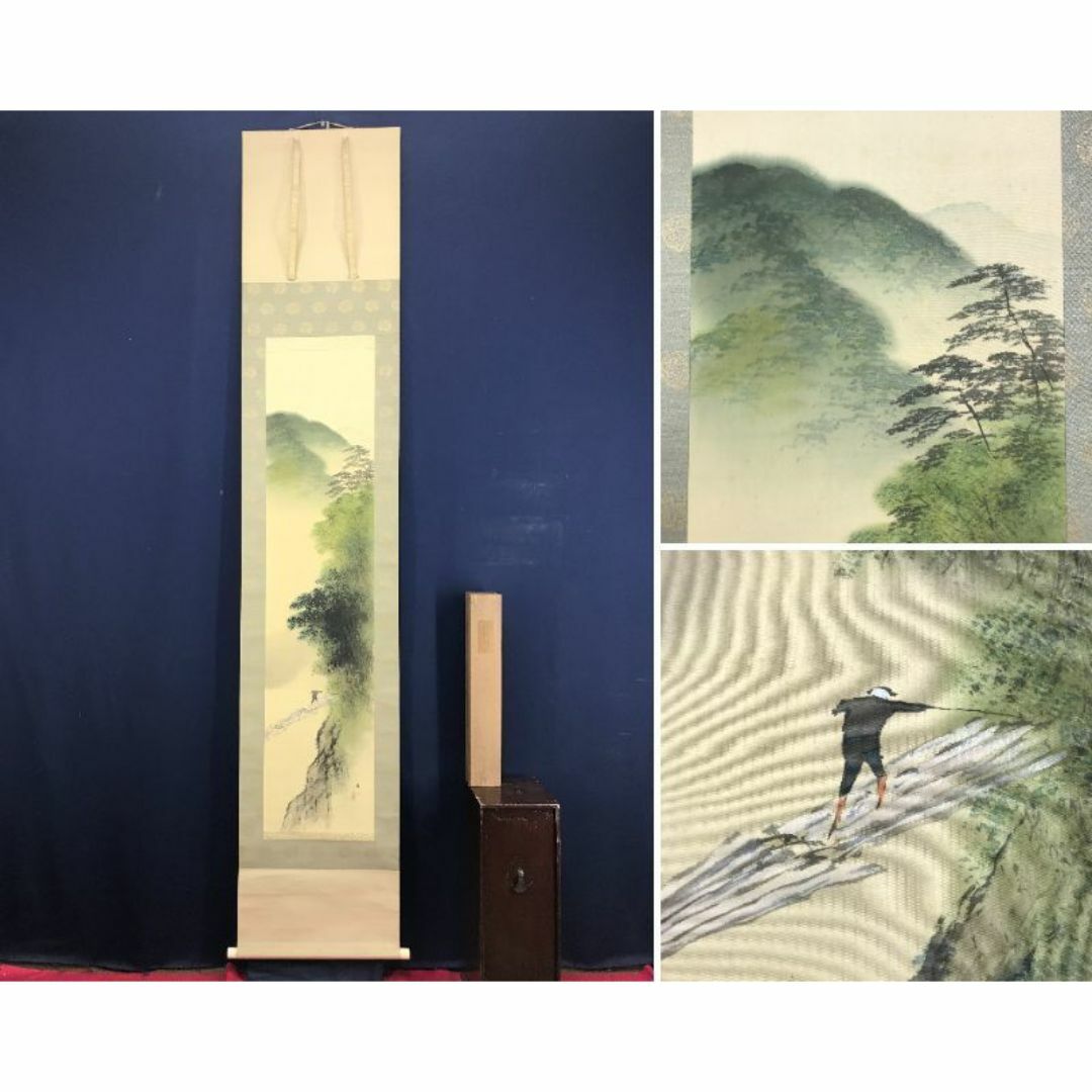真作/平井楳仙/嵐峡筏下り図/山水図/嵐山図/掛軸☆ 真作/平井楳仙/嵐峡筏下り図/山水図/嵐山図/掛軸☆