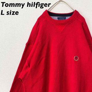 トミーヒルフィガー(TOMMY HILFIGER)のトミーヒルフィガー　ニット　セーター　刺繍ロゴ　無地　男女兼用　赤色　Lサイズ(ニット/セーター)