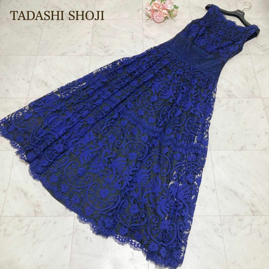 TADASHI SHOJI(タダシショウジ)の美品　タダシショージ　ロングドレス　刺繍　総レース　8　青黒　パーティ レディースのワンピース(ロングワンピース/マキシワンピース)の商品写真