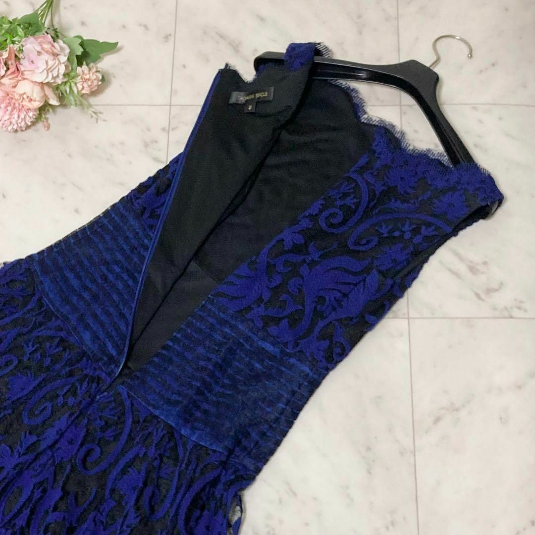 TADASHI SHOJI(タダシショウジ)の美品　タダシショージ　ロングドレス　刺繍　総レース　8　青黒　パーティ レディースのワンピース(ロングワンピース/マキシワンピース)の商品写真