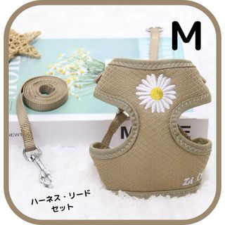 マーガレット刺繍ハーネスリードセット　ブラウン　Mサイズ　ペット用　犬用　猫用(リード/首輪)