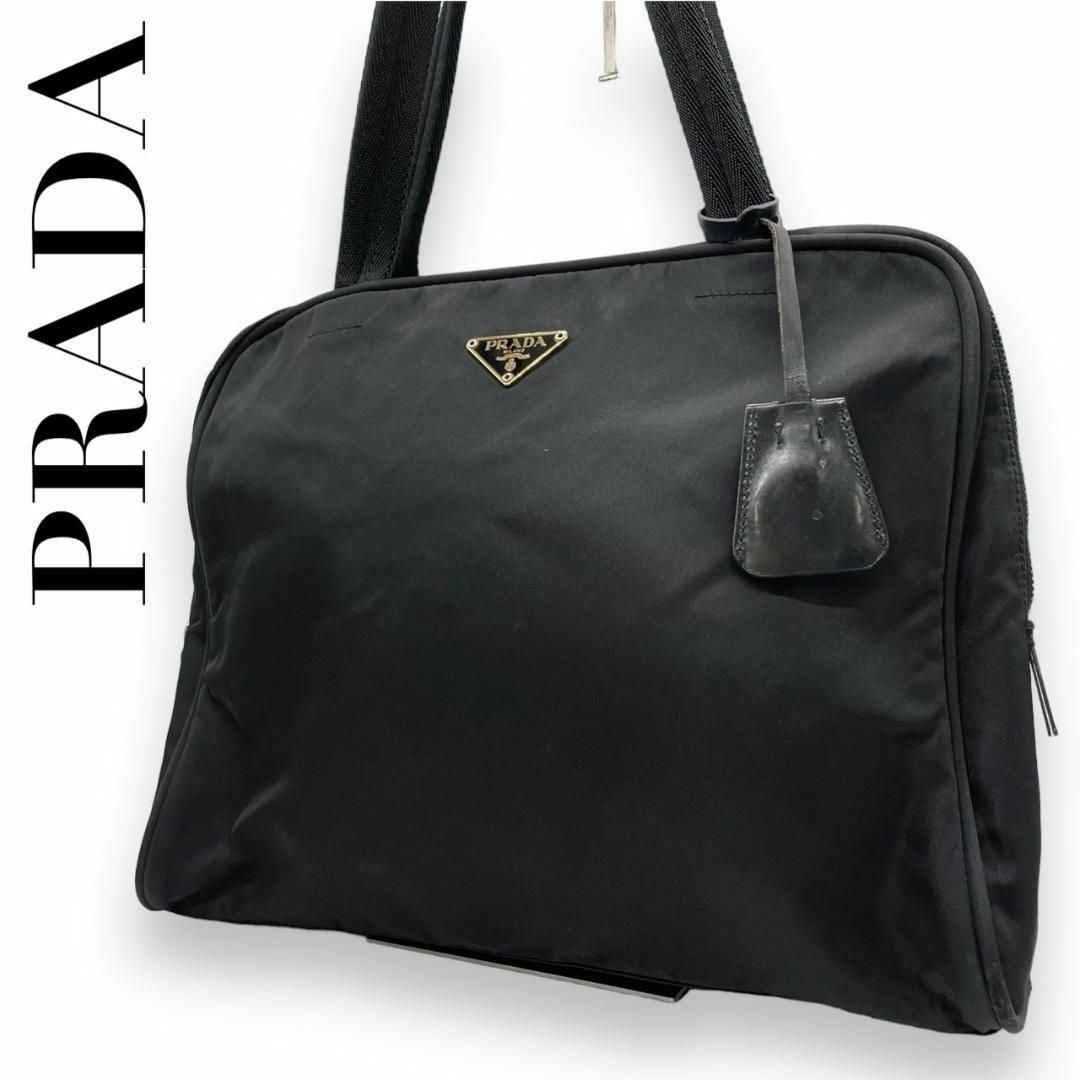 PRADA(プラダ)のPRADA プラダ　o ナイロン　黒　トートバッグ　肩掛け　三角ロゴ　ゴールド レディースのバッグ(ハンドバッグ)の商品写真