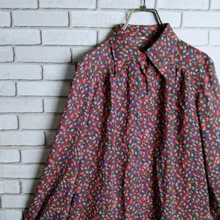 ヴィンテージ(VINTAGE)の柄シャツ☆ブラウス　ポリシャツ　長袖　木の葉　葉っぱ　総柄　赤　青　緑　白(シャツ/ブラウス(長袖/七分))