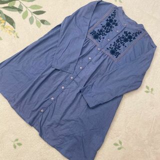 デニム 刺繍 シャツ ワンピース チュニック ブルー レース L 大きいサイズ(ひざ丈ワンピース)