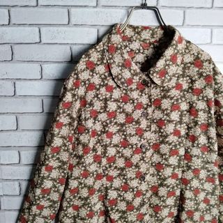 ヴィンテージ(VINTAGE)の柄シャツ☆ブラウス　ポリシャツ　長袖　ボタニカル　フラワー　花　総柄　茶　赤　白(シャツ/ブラウス(長袖/七分))