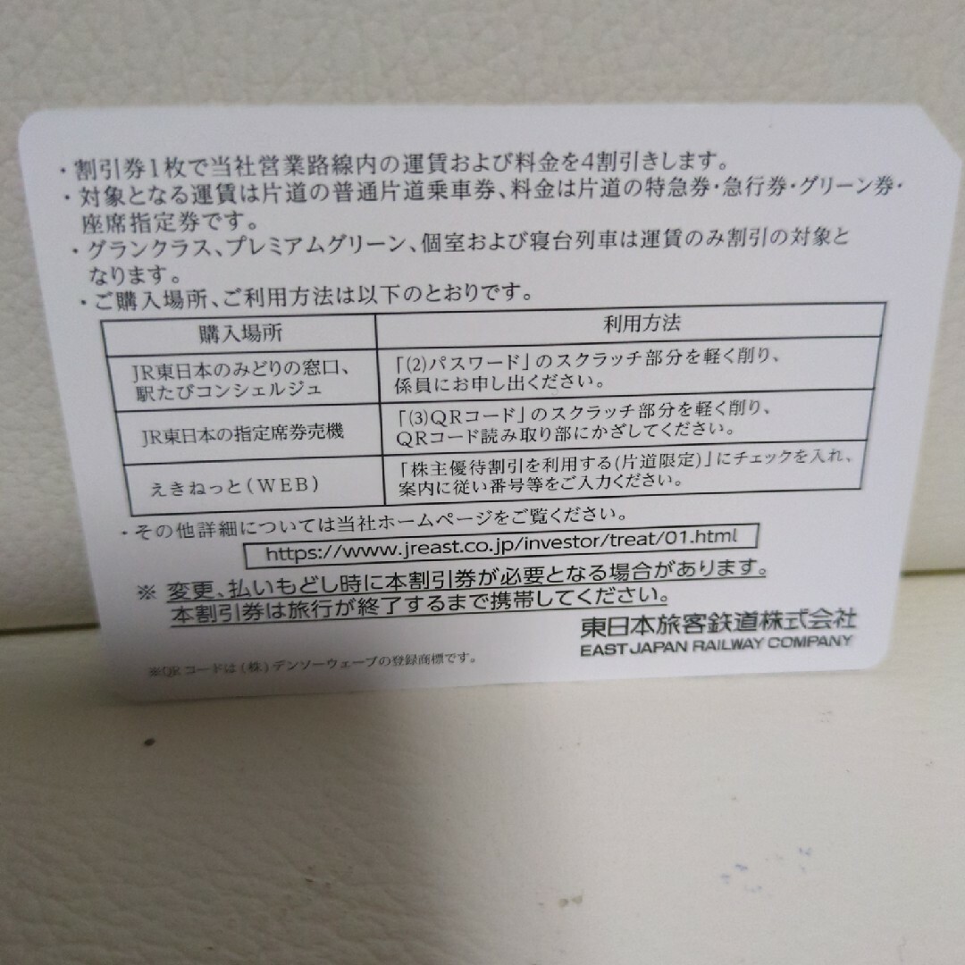 JR(ジェイアール)のJR東日本 　株主優待券　1枚 チケットの乗車券/交通券(鉄道乗車券)の商品写真