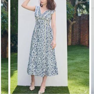 ハーリップトゥ(Her lip to)のherlipto  Lace Trimmed Floral Dress navy(ロングワンピース/マキシワンピース)