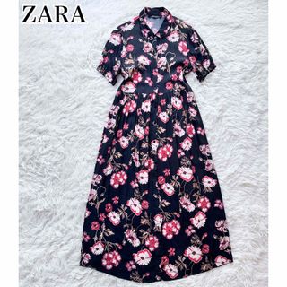 ザラ(ZARA)のZARA WOMAN ロングワンピース 花柄シャツワンピース ブラック Mサイズ(ロングワンピース/マキシワンピース)