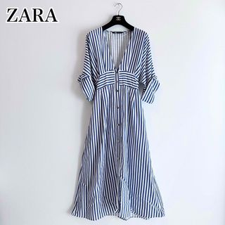 ザラ(ZARA)のZARA ストライプロングワンピース フレアワンピース 金ボタン リネン 麻 M(ロングワンピース/マキシワンピース)