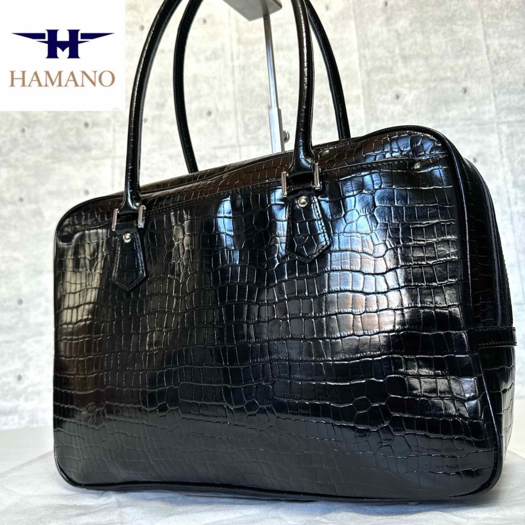 濱野皮革工藝/HAMANO(ハマノヒカクコウゲイ)の【美品】HAMANO エヴィ クロコ型押し ブラック スクエア ハンドバッグ レディースのバッグ(ハンドバッグ)の商品写真