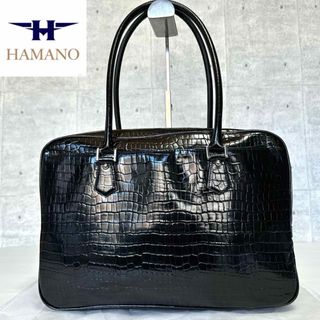 濱野皮革工藝/HAMANO - 【美品】HAMANO エヴィ クロコ型押し ブラック スクエア ハンドバッグ