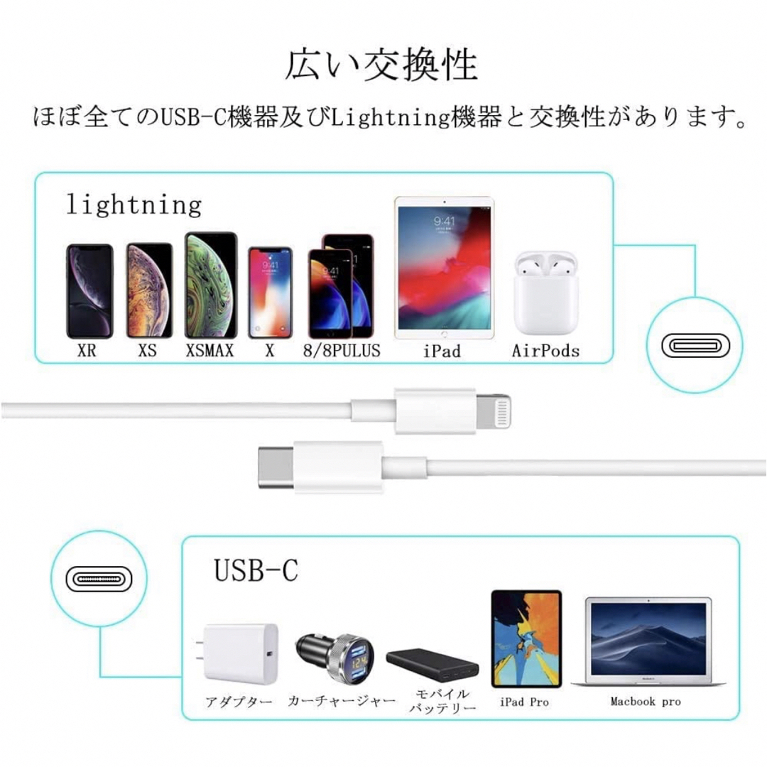 iPhone 充電ケーブルType C ライトニング 2m 　Lightning スマホ/家電/カメラのスマートフォン/携帯電話(バッテリー/充電器)の商品写真