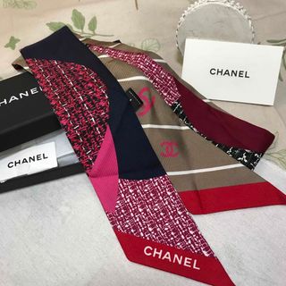 シャネル(CHANEL)のCHANEL シルクスカーフリボン ココマークツイード(バンダナ/スカーフ)